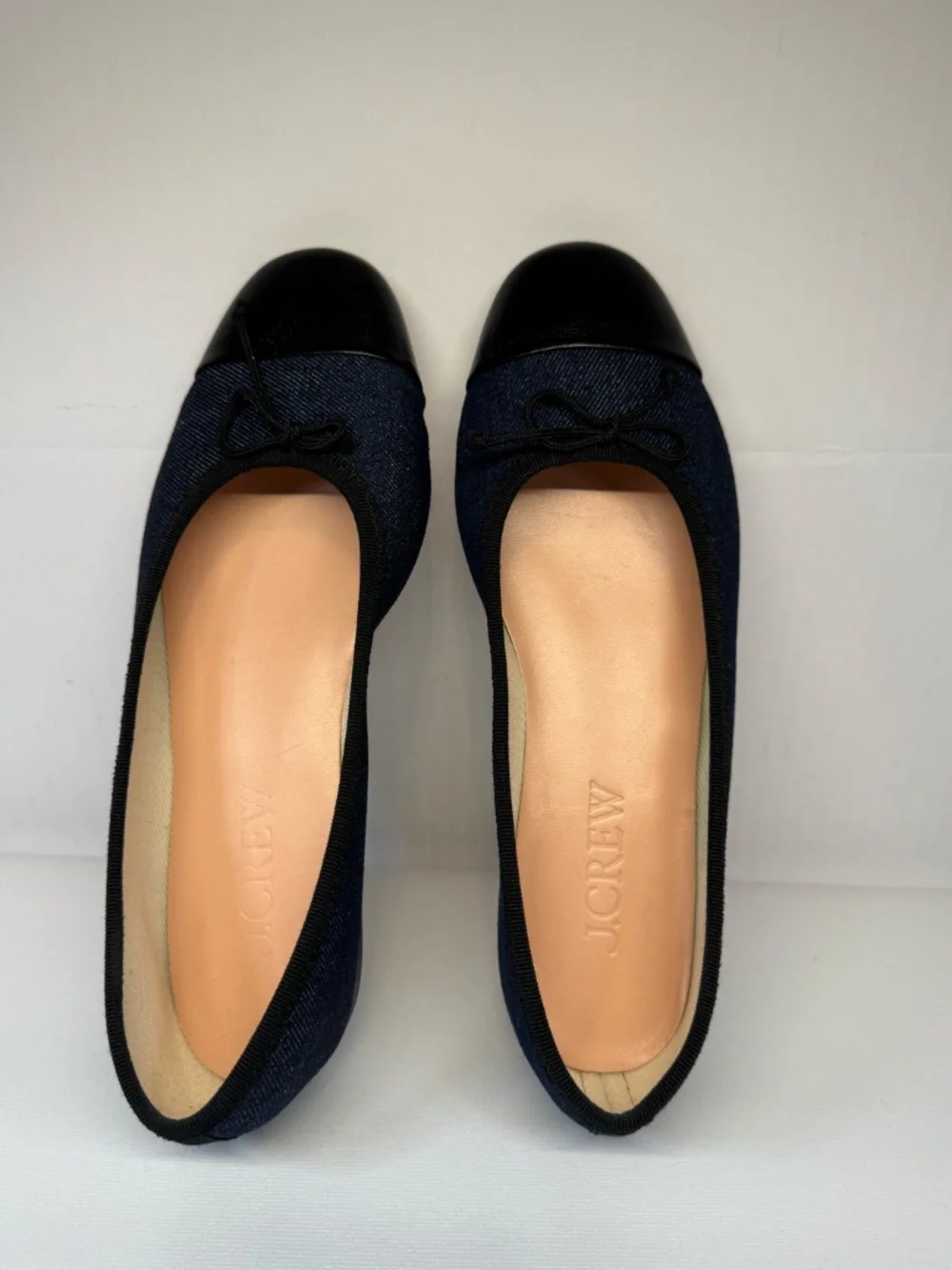 J.Crew Denim Ballet Flats Black Leather Cap Toe Bow Shoes Women's Size 9
